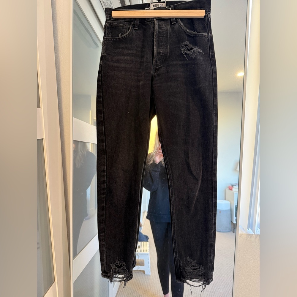 Agolde Black Distressed Straight Leg Jeans | 24